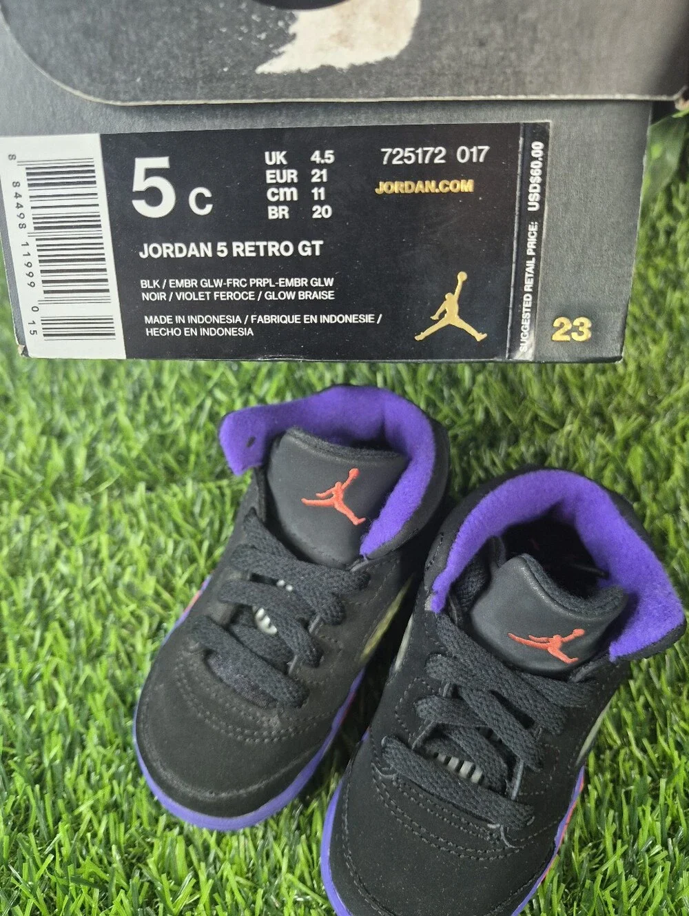 Nike Air Jordan 5 Retro GT Raptors Toddler Size 5C Black Purple 725172-017